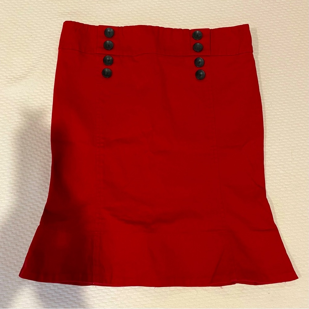 Topshop bright red pin-up ruffled pencil skirt with button accents UK 10 US S